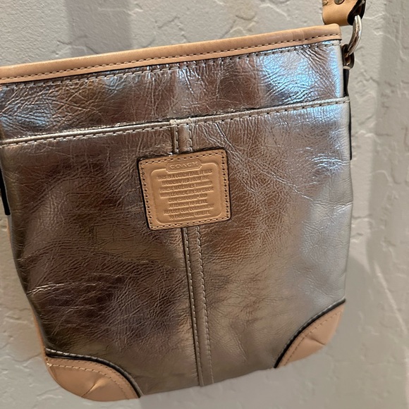 coach silver and tan leather cross body purse with tan soft strap - Picture 2 of 6